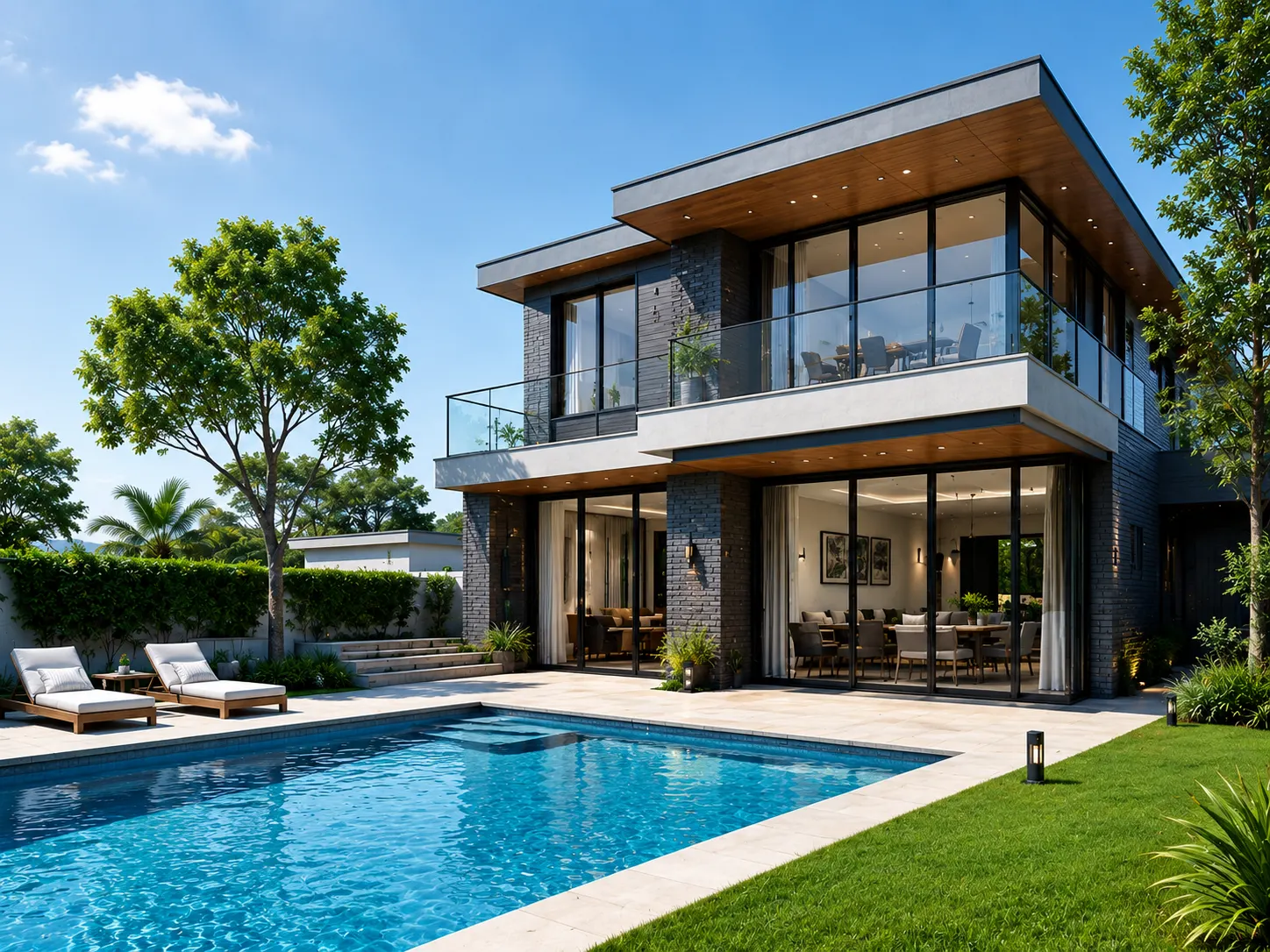Modern glass-fronted home beside a swimming pool, representing the international properties on Slide’N Doors.